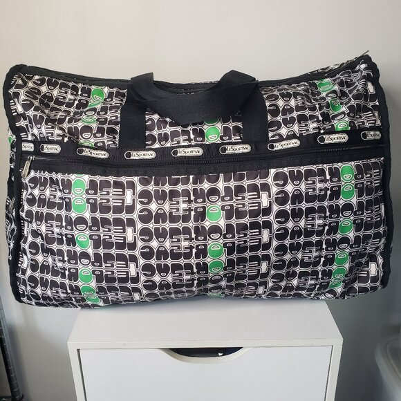 Le Sport Sac Green White Black Weekender Duffle Bag Suitcase + Makeup Tote - Picture 3 of 13